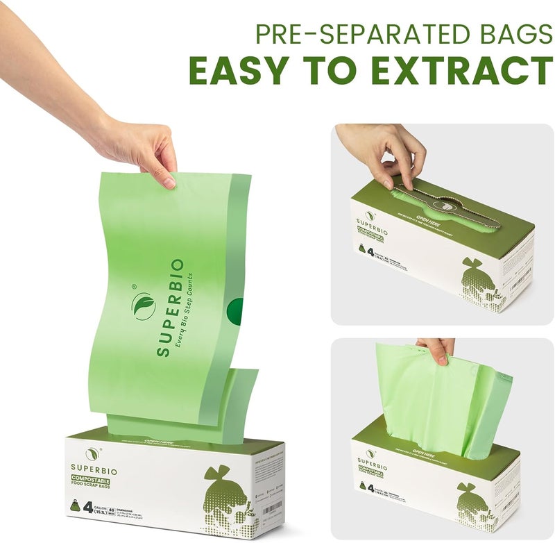 SuperBio 4 Gallon Compostable Drawstring Food Scrap Bags,15.1 Liter, 40 Count, 0.9 Mil,Heavy Duty Waste Bags, BPI, Seedling and OK compost INDUSTRIAL - Image 2